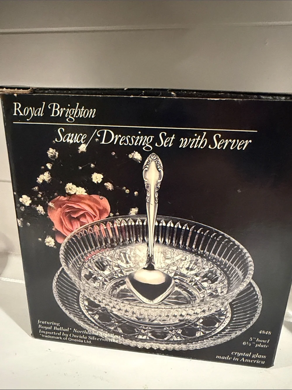 Brighton Clear Pressed Glass Sauce Bowl with Plate and Stainless Spoon